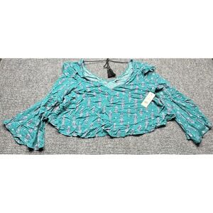 BP Blouse Womens Extra Small Teal Floral Ruffle Bell Sleeve Cropped Boho Top NWT